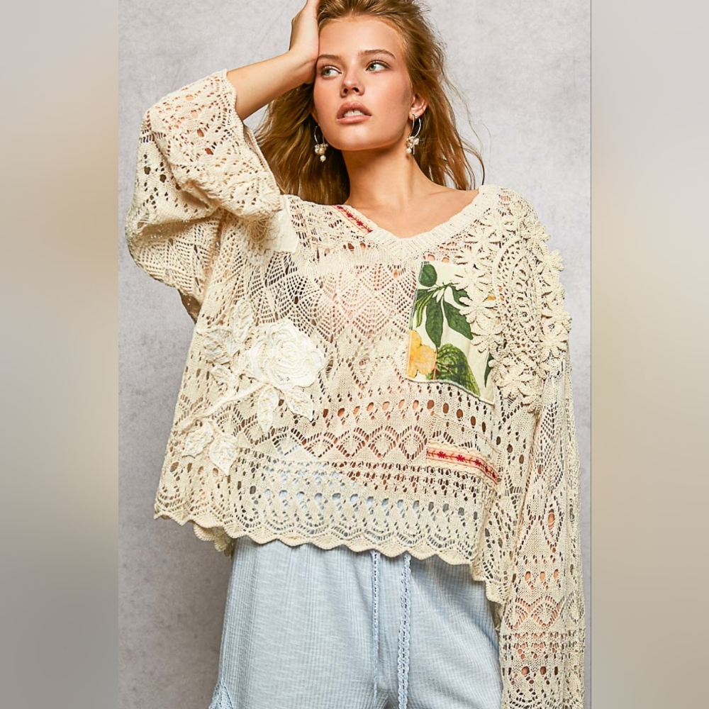 POL Cream Crochet Patchwork Sweater with Floral Design